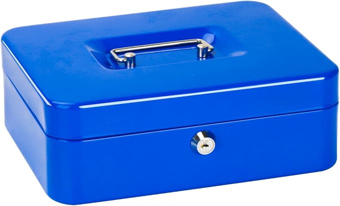 Jssmst Cash Box with Tray - Cash Box with Key Lock Safe Money Box with Cash Tray, Money Saving Box Lock Box for Money, 9.84'' x 7.87'' x 2.6'', Blue by Jssmst