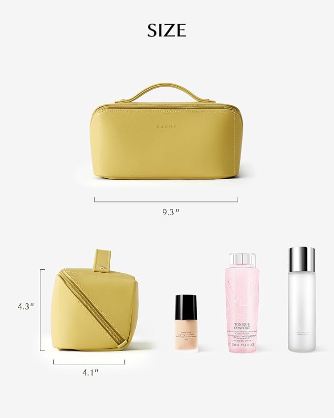 EACHY Travel Makeup Bag for Women, Flat Open Cosmetic Bag, Green, Medium | PU leather organizer with flat-open access, storage pockets and clear TPU brush compartment for daily makeup and toiletries - Image 4