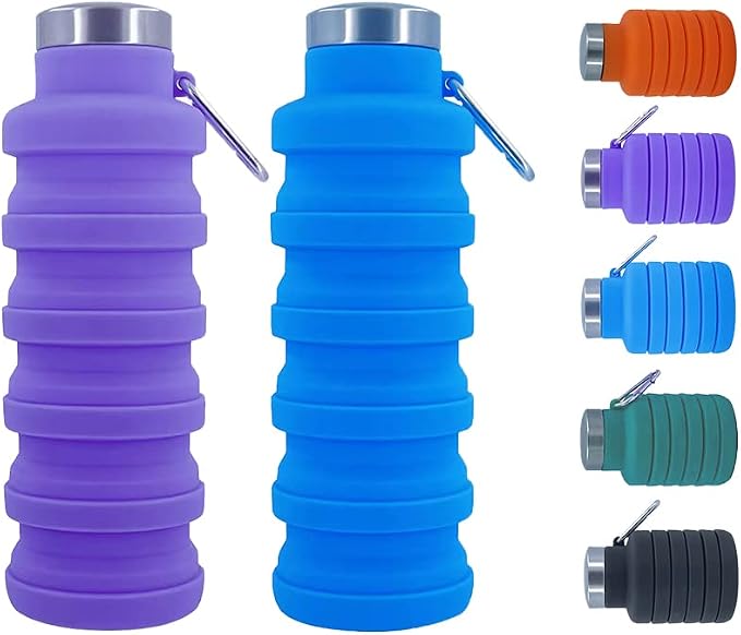 Collapsible Water Bottles 2 pack 17oz (Blue + Purple) | Silicone Water Bottle with Carabiner，Reusable Foldable Lightweight Sports Water Bottle for Travel Gym Camping Hiking by Ummigi