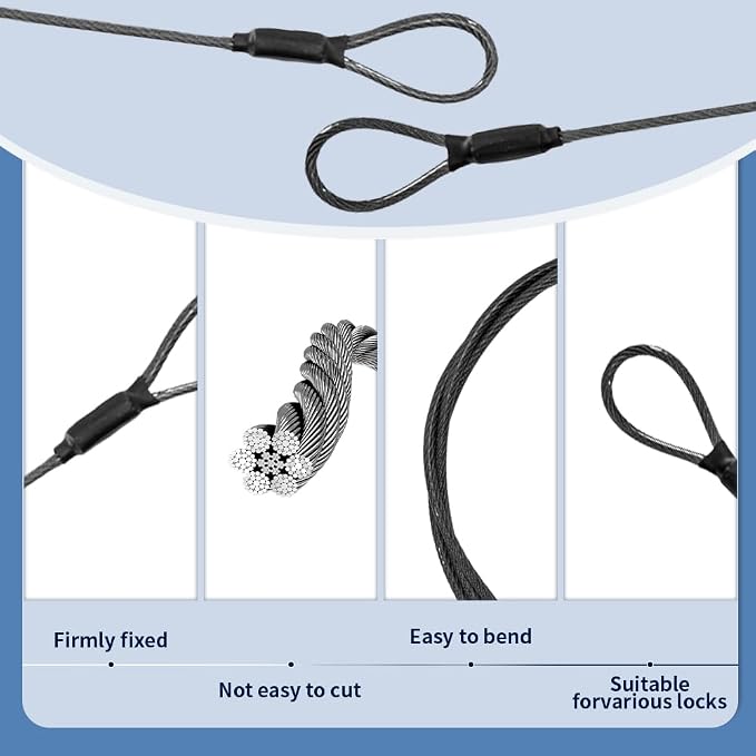 3.3mm Steel Wire Rope Outdoor Travel Security Cable Lock,Braided Steel Coated Safety Cable Luggage Lock,Safety Cable Wire Rope Chain Lock Double Loop Lightweight (Black, 12in/5Pcs) - Image 3
