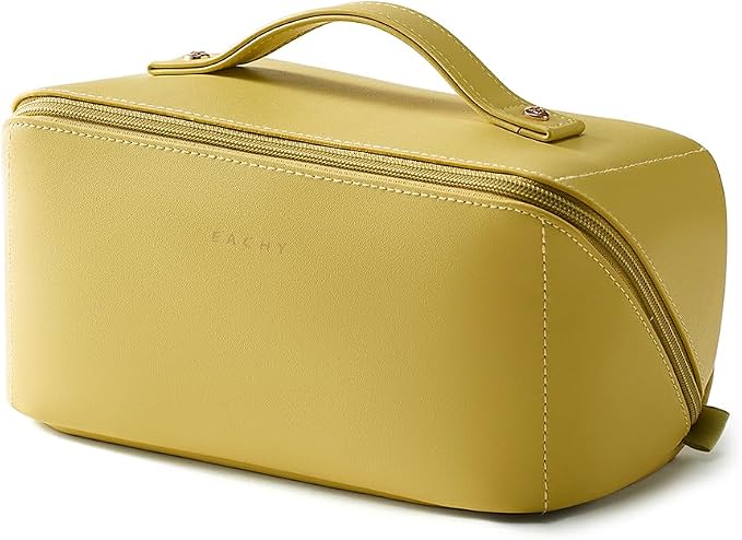 EACHY Travel Makeup Bag for Women, Flat Open Cosmetic Bag, Green, Medium | PU leather organizer with flat-open access, storage pockets and clear TPU brush compartment for daily makeup and toiletries by EACHY