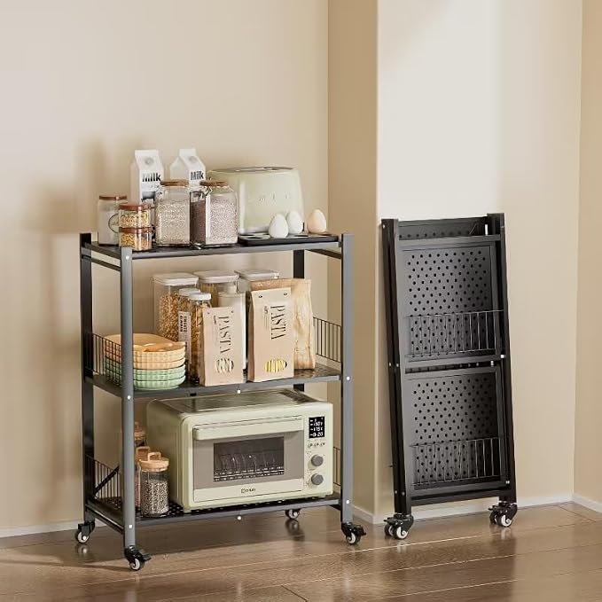 Folding Storage Shelves No Assembly, 3 Tier Metal Foldable Shelves with Wheels, Collapsible Rolling Storage Rack for Laundry Room Garage Small Spaces, Black by Unknown