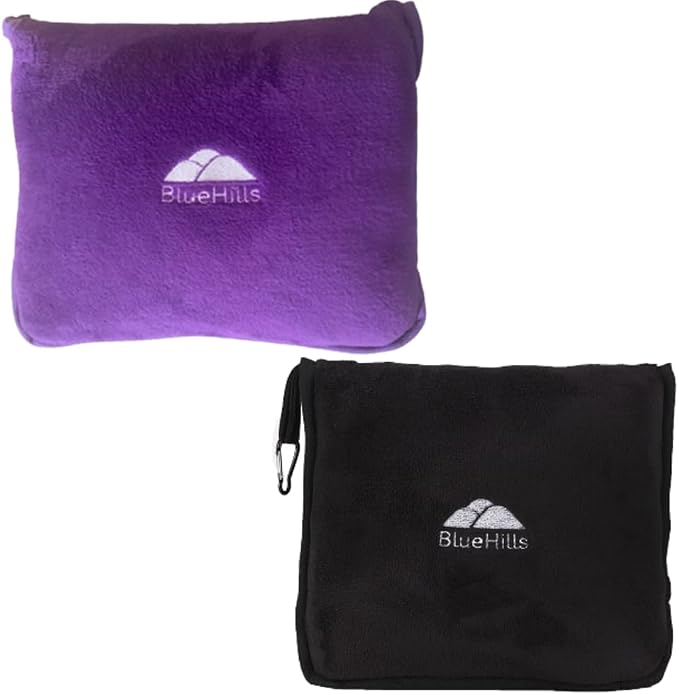 BlueHills Travel Blanket Pillows for Two Airplane Traveling Essentials Flight Throws in Bag case with Backpack Clip Compact Large Plane Accessories – Purple and Black by BlueHills