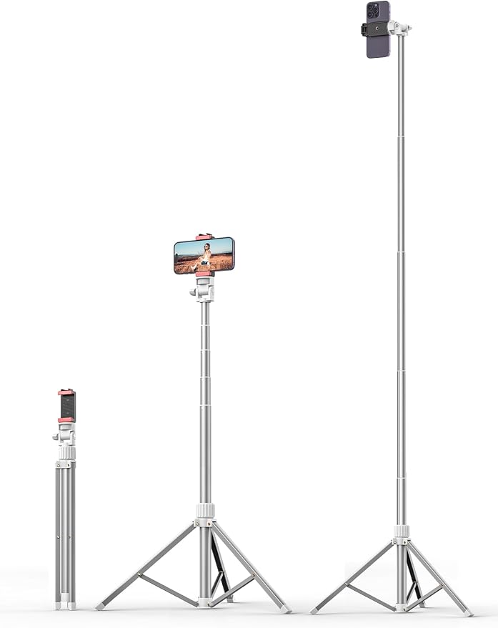 71'' Phone Tripod Stand, Extendable Reinforced Aluminum Phone Stand with Wireless Remote, Stable Cellphone Tripod Compatible with iPhone 14/13/12 Galaxy S23/S22 Huawei (White) by Pnitri