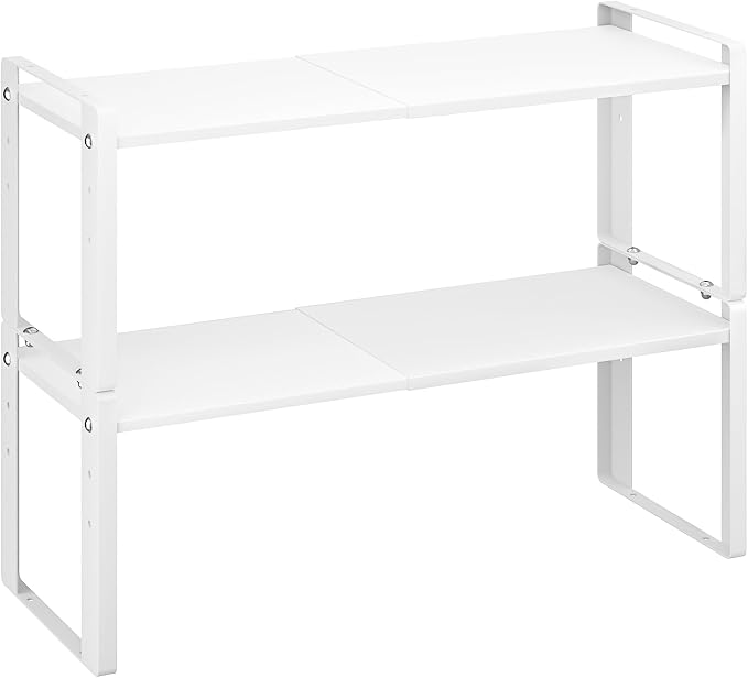 2 Pack Expandable Cabinet Organizer Shelves, 88lbs High Weight Capacity, Stackable Heavy-Duty Metal Storage Rack, Adjustable Cabinet Shelf for Kitchen, Pantry, Cupboard, Under Sink, White by Unknown