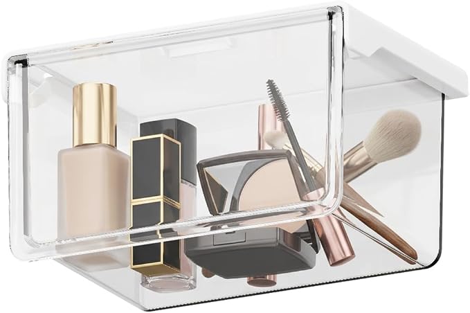 Hanging Cabinet Organizer – 33° Tilted Under Desk Drawer & Bathroom Storage – Self-Adhesive Clear Pull-Out Bins for Kitchen, Office & Vanity (Medium) by Unknown