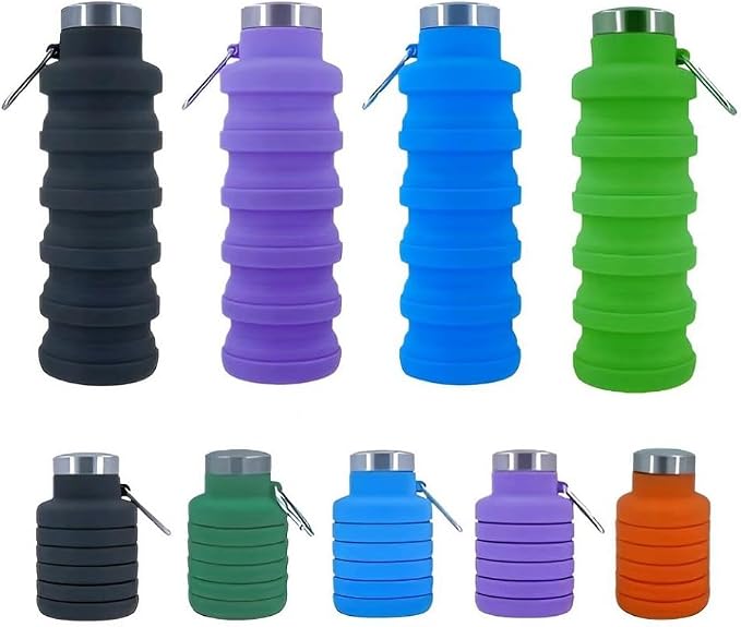 Collapsible Water Bottles 4 pack 17oz (Black+Purple+Blue+Green) | Silicone Water Bottle with Carabiner，Reusable Foldable Sports Water Bottle for Travel Gym Camping Hiking by Ummigi