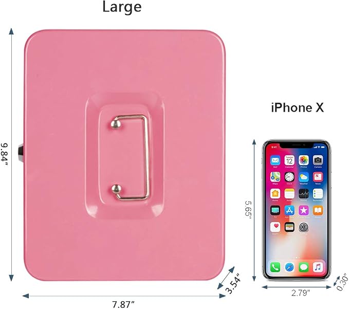 KYODOLED Large Metal Cash Box with Money Tray and Lock,Money Box with Cash Tray,Cash Drawer,9.84"x 7.87"x 3.54" Pink Large - Image 3