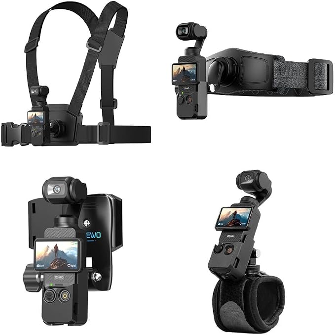 4 in 1 DJI Osmo Pocket 3 Accessories Kit,Quick Release Chest Mount Harness/Quick Release Head Strap Mount/ 360°Rotating Wrist Strap/Quick Clip Mount with Expansion Adapter (Set 1) by SUREWO
