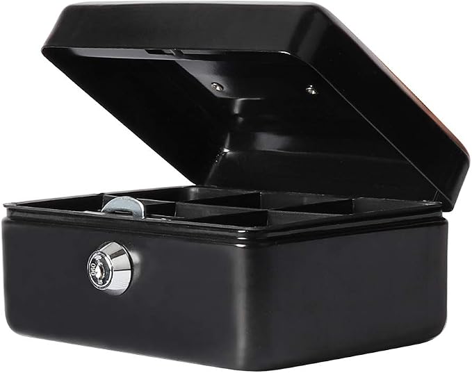 Decaller Small Cash Box with Key Lock, Double Layer Metal Money Box for Home Security, Portable Locking Box, 5.9" x 4.7" x 3.2", Black by Decaller