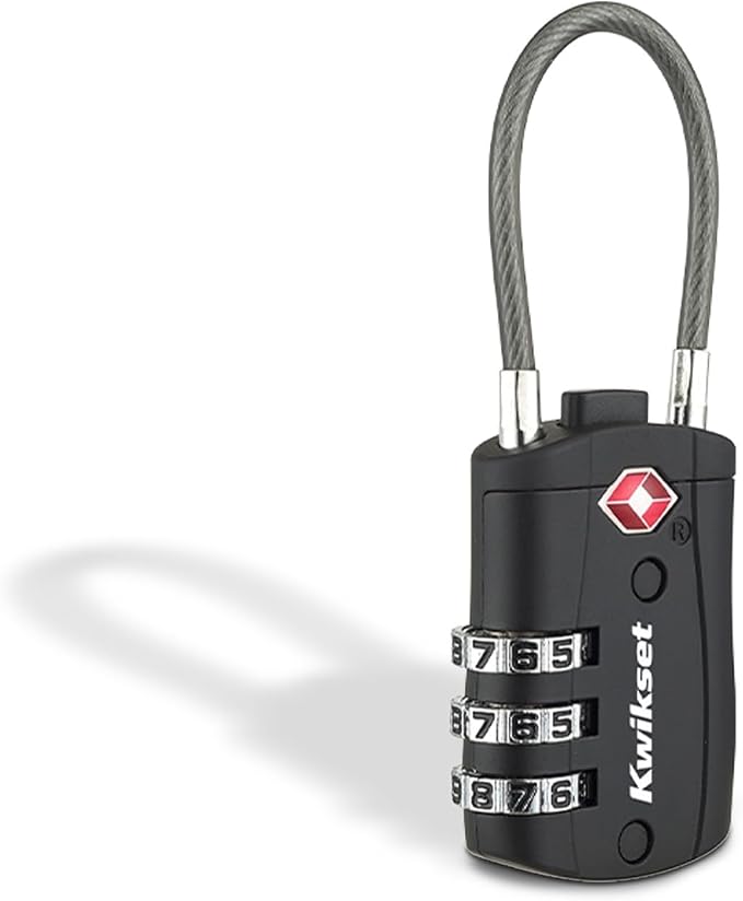 Kwikset TSA Approved Combination Luggage Lock with Cable, 1-Pack, Black | Cable Shackle Bends Through Zipper Pulls, Duffel Handles and Backpack Loops; 1-3/16 in Body, Resettable Code by Unknown