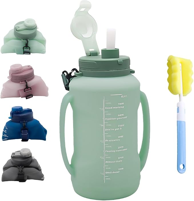64oz Collapsible Silicone Water Bottle with Straw & Grip(Green) | Save Space,BPA-Free,Large Capacity,Time Marker, Foldable Sport Bottle,Portable for Gym, Hiking, Camping, Outdoor Activities by Unknown