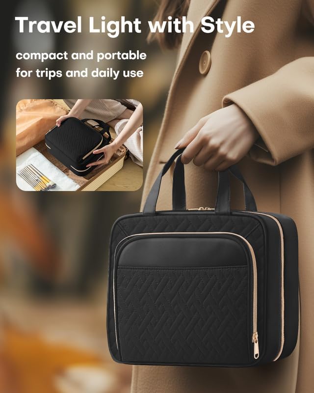 HOTOR Hanging Travel Toiletry Bag Women Men, Black, Medium | Waterproof Makeup Bag Hanging Hook,Multiple Pockets,Travel Essentials,11.2 x 3.2 x 8.9inches - Image 6