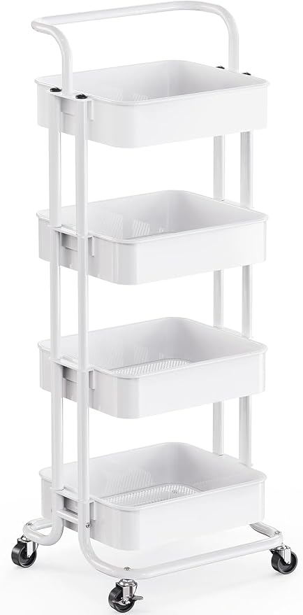 Pipishell Metal 4 Tier Rolling Cart with Handle & 2 Lockable Wheels, White | Four Large 2" Wheels for Easier Movement, Sturdy Metal, Hold 22 lbs per Shelf, Ventilated Mesh Design, for Office and Kitchen by Pipishell