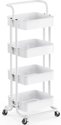 Pipishell Metal 4 Tier Rolling Cart with Handle & 2 Lockable Wheels, White | Four Large 2" Wheels for Easier Movement, Sturdy Metal, Hold 22 lbs per Shelf, Ventilated Mesh Design, for Office and Kitchen by Pipishell