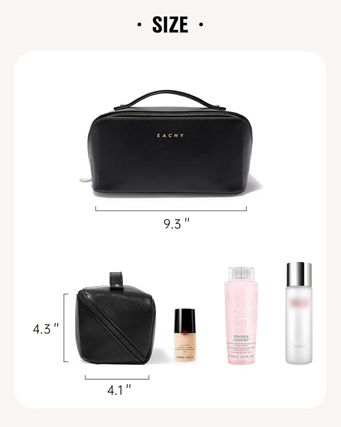 EACHY Travel Makeup Bag for Women, PU Leather Cosmetic Bag, Black, Medium | Water-resistant PU leather exterior with flat-open access, clear TPU brush compartment and organized storage for cosmetics - Image 6