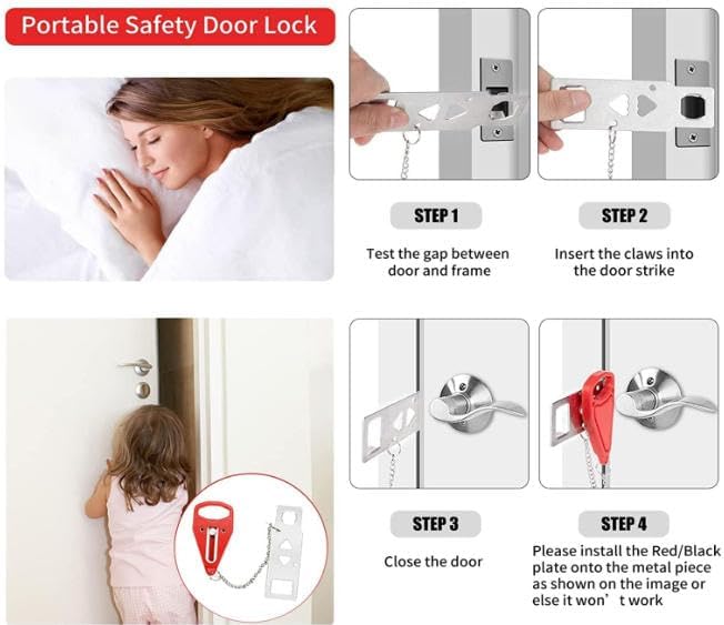 Portable Door Lock & Door Stop Alarm Set, Dual Protection Home Security Door Kit, Travel Hotel Lock Devices Pocket Self Defensey Tools for Traveling Hotel Home Apartment,Red, - Image 5