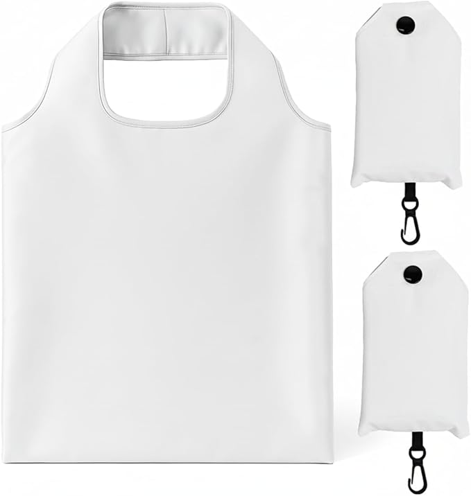 2 Pack Foldable Shopping Bag, Reusable Grocery Tote Bag, White | Waterproof Nylon, 35 Pounds Weight Capacity, Pocket Size Carrier by Unknown