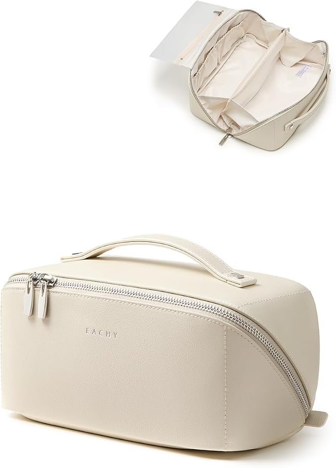 EACHY Travel Makeup Bag, PU Leather Cosmetic Bag for Women, Pearl White | PU leather organizer opens flat with two TPU brush pockets and divided storage for makeup, skincare, toiletries and travel by EACHY