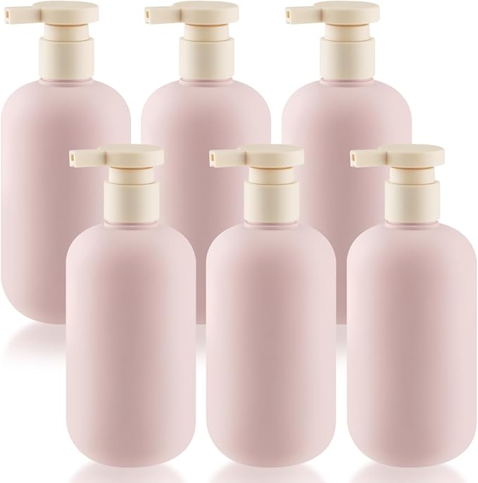 6 Pcs 10 oz Soft Plastic Bottles with Press Pump,Empty Refillable Travel Shampoo Dispenser Container for Hand Soap,Shampoo,Lotion,Body Wash,Conditioner,Silicone Funnel Included (Pink) by DMuuuDM