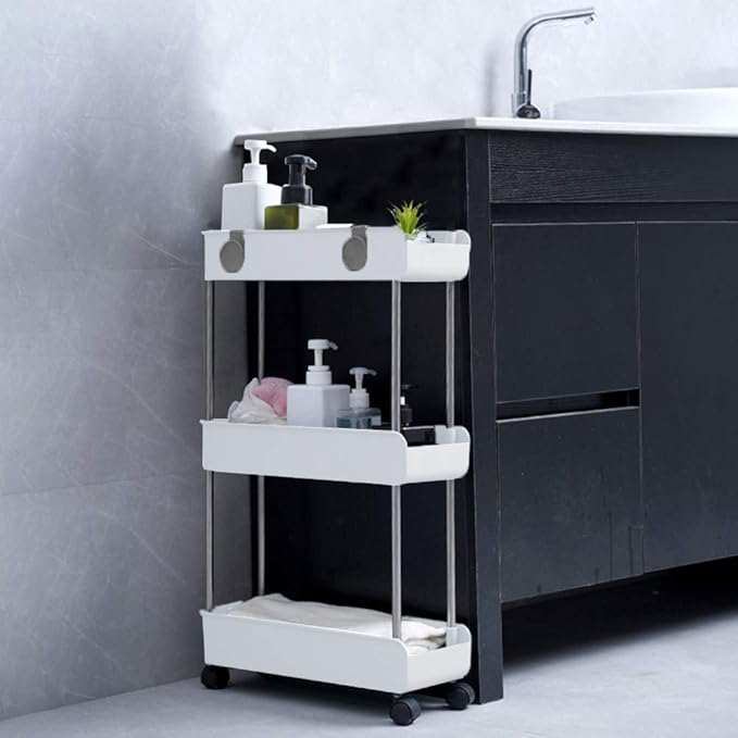 3-Tier Slim Mobile Shelving Unit on Wheels, Slide Out Rolling Bathroom Storage Organizer, Utility Carts Shelf Rack for Kitchen Bathroom Laundry Room Narrow Places, White - Image 5