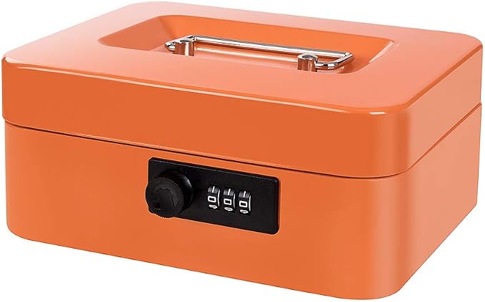 Cash Box with Money Tray and Combination Lock Metal Money Box Change Lock Box for Money 7.87" x 6.3" x 3.54" Orange by Geohiaul