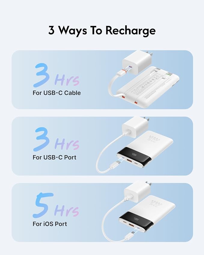 VEGER 10000mAh 22.5W Fast Charging Portable Charger with Built-in Cables | 0.4lb Slim USB C Power Bank, Small Battery Pack for iPhone 17/16/15/14/13 iPad Samsung, Flight Safe, Travel Essential, White - Image 8