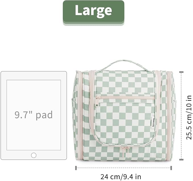 Narwey Travel Toiletry Bag for Women, Checkered Large Hanging Makeup Bag Organizer Cosmetic Make up Bags for Women, Travel Bag for Toiletries (Mint Green Checkerboard) - Image 7