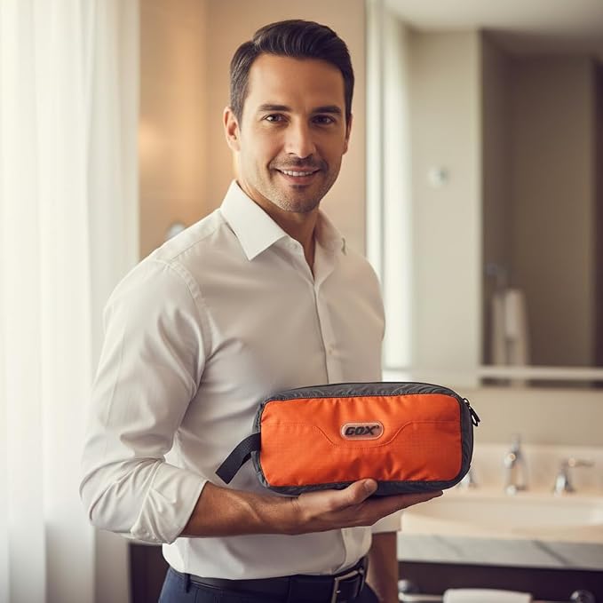 GOX Travel Small Toiletry Bag for Men Nylon Dopp Kit Medicine Bag Travel Organizer Pouch Shave Kits for Teens Toiletry Essentials Bathroom Compact (Orange, 9.8 * 4.3 * 3.3 Inches) - Image 2