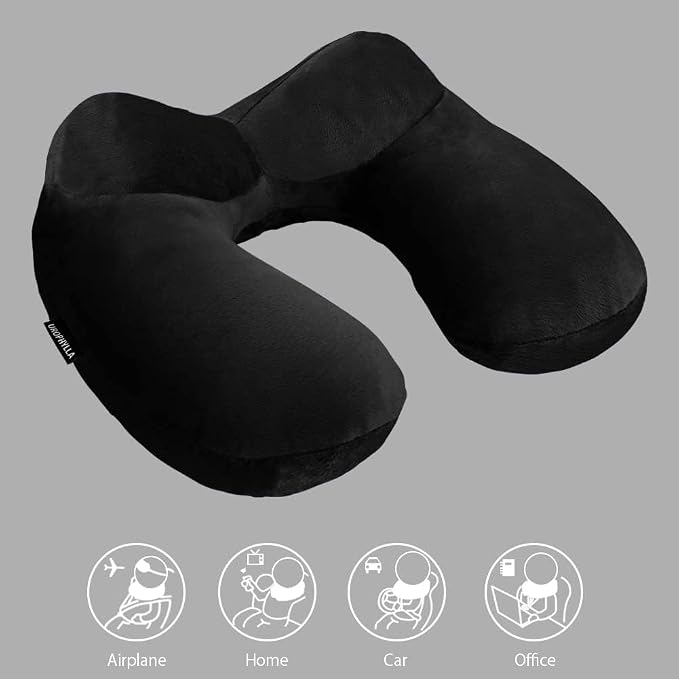 Inflatable Travel Pillow, Soft Velvet Inflatable Neck Pillow for Traveling, Airplanes, Train, Car, Office with Compact Bag, Breathable Washable Cover, Suit for Adults Sleeping - Black - Image 4