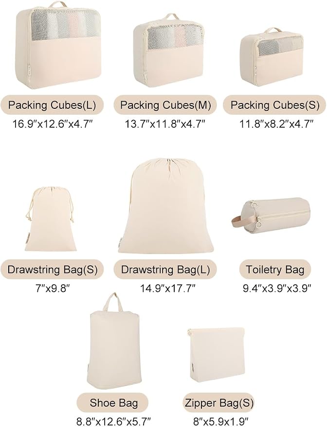 8 Pack Travel Clothes Storage Bags for Suitcase, Luggage, Home Organization, Gym, Camping – Lightweight & Durable (8, Beige, Sollid) - Image 6