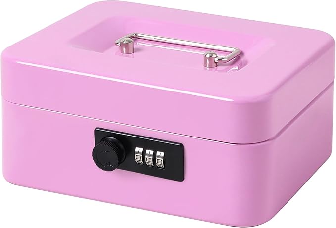 Jssmst Medium Cash Box with Combination Lock - Durable Metal Cash Box with Money Tray Light Purple,7.87 x 6.3 x 3.35 inches by Jssmst