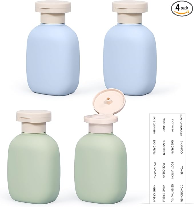 4 Pack 3.4 oz Travel Bottles for Toiletries, Leak-Resistant Plastic Squeeze Bottles with Flip Caps, Refillable Shampoo and Conditioner Containers for Lotion Body Wash, Blue Green by UMETASS