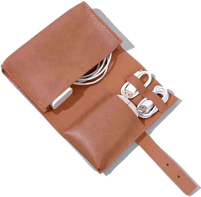 Vintage Pu leather Electronic organizer travel case,cord organizer travel, Leather charger shortage for essentials mouse, adapter, cables (vintage brown) by Unknown
