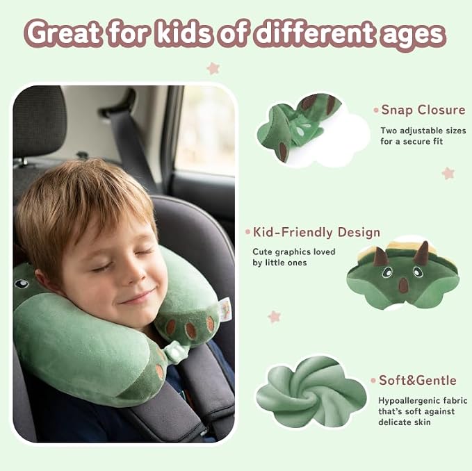 Kids Travel Neck Pillow for Ages 3-8 with Memory Foam, Dinosaur | Removable cover, 13 in neck size, machine washable, hidden zipper, head and chin support, car seat and airplane use - Image 5