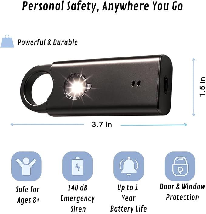 VOLTEK Metal Personal Alarm for Women (Silver) – 140dB Self Defense Safety Alarm Keychain, USB-C Rechargeable Emergency Alarm with Door & Window Sensor Mode - Image 8