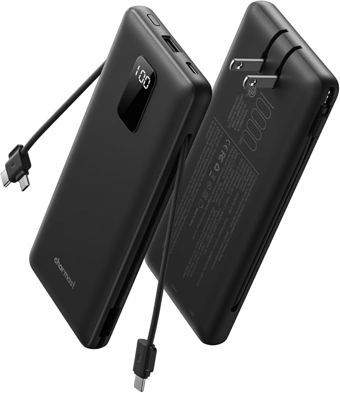 charmast Portable Charger Power Bank 10000mAh with Built-in AC Wall Plug | Built-in Cables,5 Outputs,Flight-Safe,Slim Travel Phone Charger for iPhone 17 14,Samsung Galaxy,iPad,Android,Smartwatch,etc by charmast