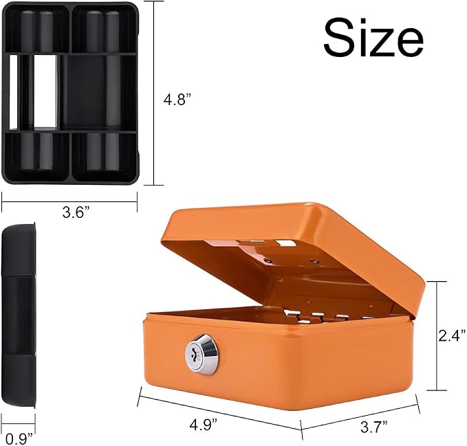 Mini Cash Box with Slot Small Cash Box with Money Tray and Key Lock, Metal Lock Box for Casino Gamblers 4.9" x 3.7" x 2.4" Orange - Image 3