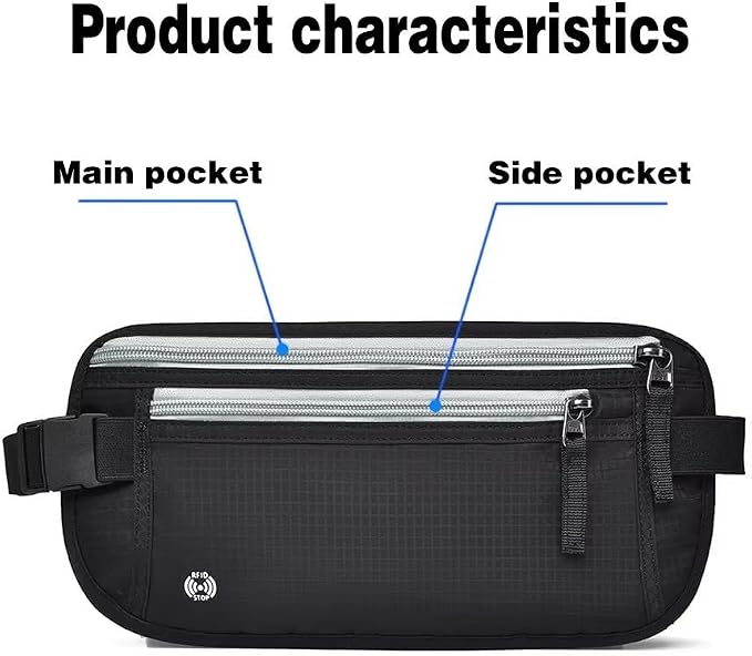 Travel Money Belt with RFID Blocking, Hidden Waist Pack for Passport, Cards, and Cash, Black (Blue) - Image 3