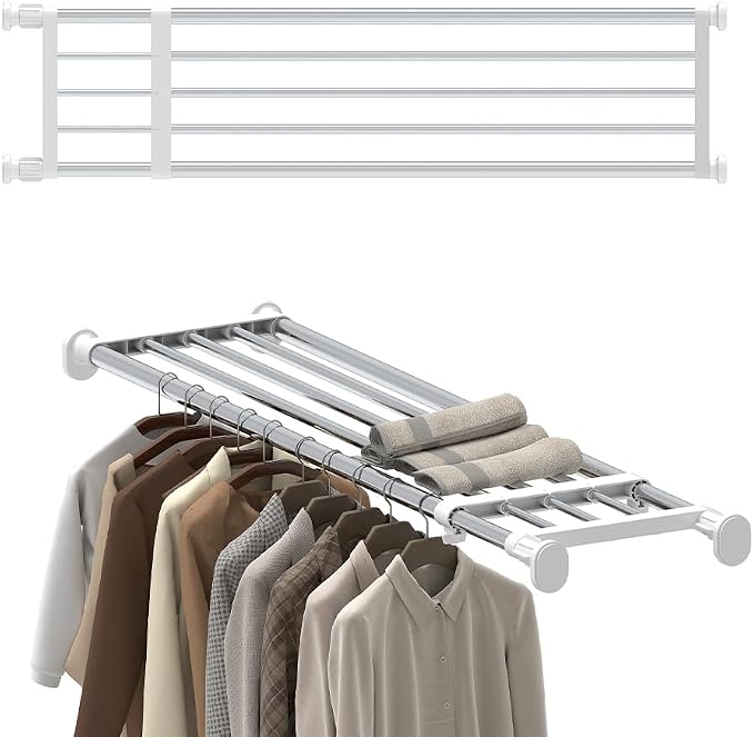 Tension Shelf Expandable Rod, Adjustable Closet Tension Shelves | Clothes Tension Shelf DIY Garage Bathroom Kitchen Storage Organizer Shoe Rack, Plant Stand, Bookshelf by FineLivingStartingwithaHome