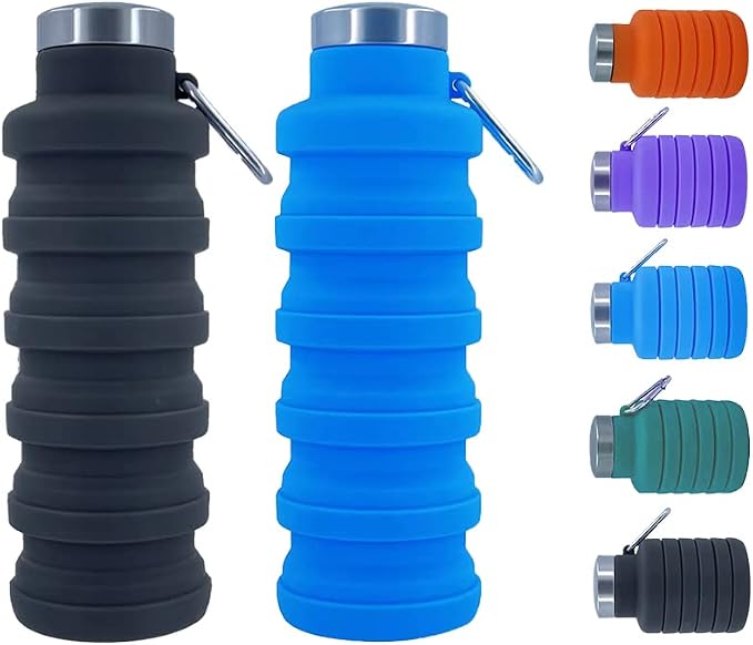Collapsible Water Bottles 2 pack 17 oz (Black+Biue) | BPA Free Travel Silicone Water Bottle with Carabiner, Reusable Foldable Portable Sports Bottle for Travel Camping Hiking by Ummigi