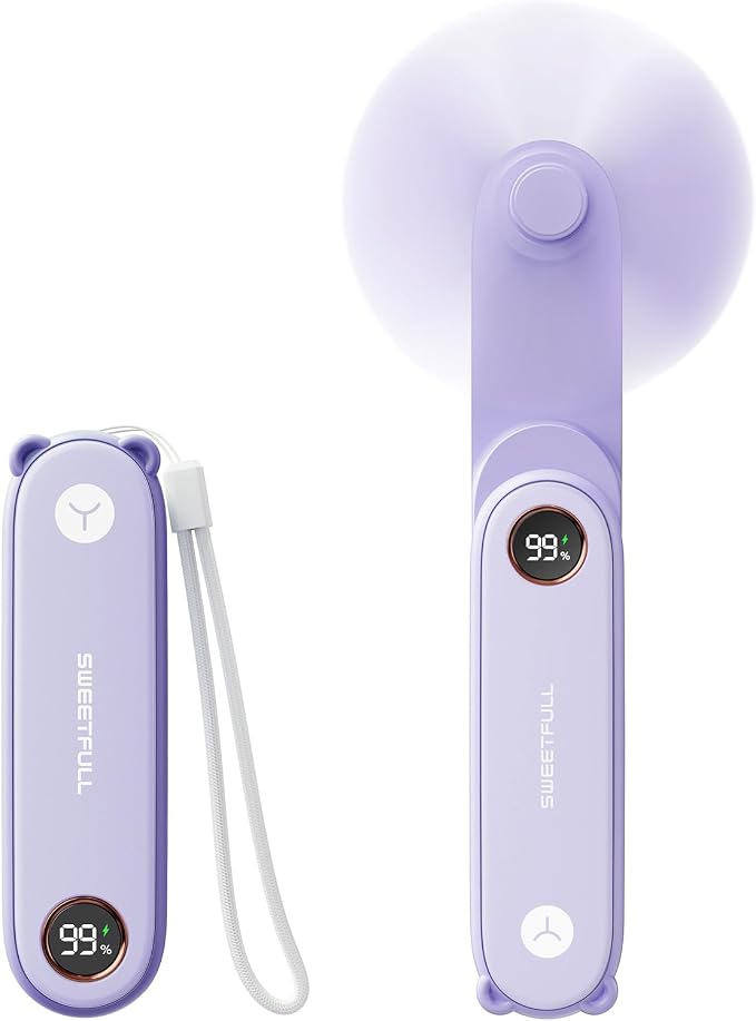 SWEETFULL Portable Handheld Mini Fan with LED Display, 3-in-1 Personal Foldable USB Rechargeable Hand Held Fan & Flashlight for Travel, Lash Eyelash, Cute Small Pocket for Women, Girls by SWEETFULL
