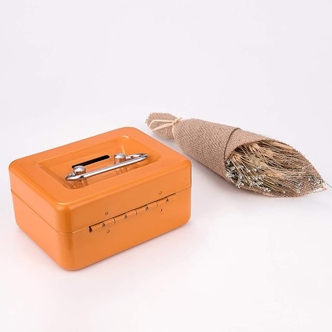 Mini Cash Box with Slot Small Cash Box with Money Tray and Key Lock, Metal Lock Box for Casino Gamblers 4.9" x 3.7" x 2.4" Orange - Image 7