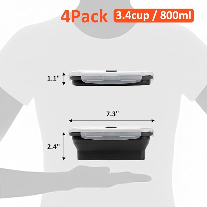 Collapsible Silicone Food Storage Containers Set with Lid & Air Vent,Foldable Lunch Containers(4PCS,Black,27oz) - Image 2