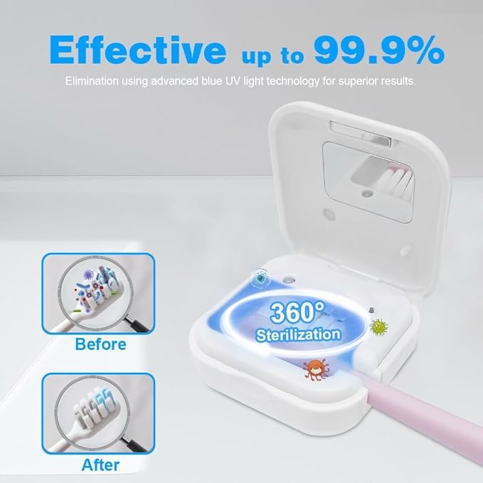 Portable UV-C Toothbrush Sanitizer and Holder – Travel Case for Manual & Electric Toothbrush Heads – UV Light Cleaning Box – USB Rechargeable – Travel-Friendly - Image 3