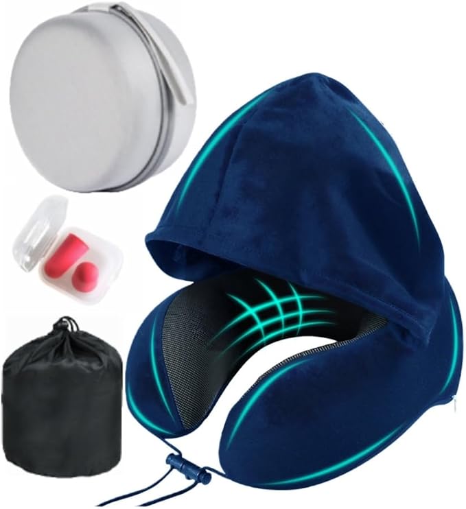 Travel Neck Pillow with Extra Large Hood Rollable Airplane Hooded Neck Pillow with Memory Foam Filling and Removable, Skin-Friendly Cover with a Carrying Pouch by ILYISFMTY