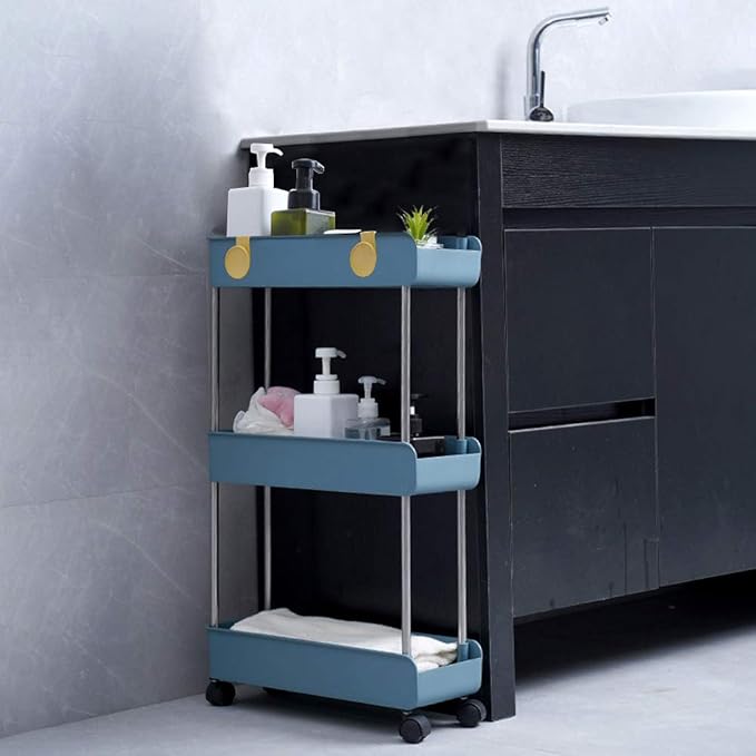 Melody House 3-Tier Slim Mobile Shelving Unit on Wheels, Slide Out Rolling Bathroom Storage Organizer, Utility Carts Shelf Rack for Kitchen Bathroom Laundry Room Narrow Places, Navy Blue - Image 6