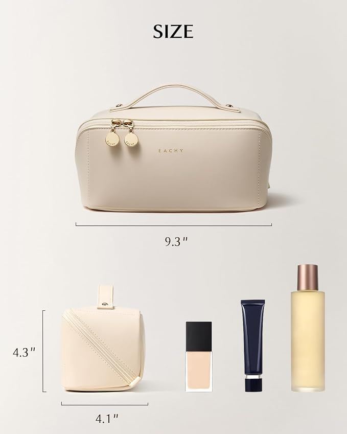 EACHY Travel Makeup Bag for Women, PU Leather Cosmetic Bag, White, Medium | PU leather organizer opens flat with two TPU brush pockets and divided storage for makeup, skincare, toiletries and travel - Image 6