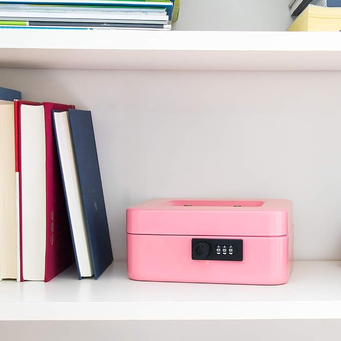 KYODOLED Medium Cash Box with Combination Lock Safe Metal Money Box with Money Tray for Security Lock Box 7.87x 6.30x 3.54Inch Pink Medium - Image 7