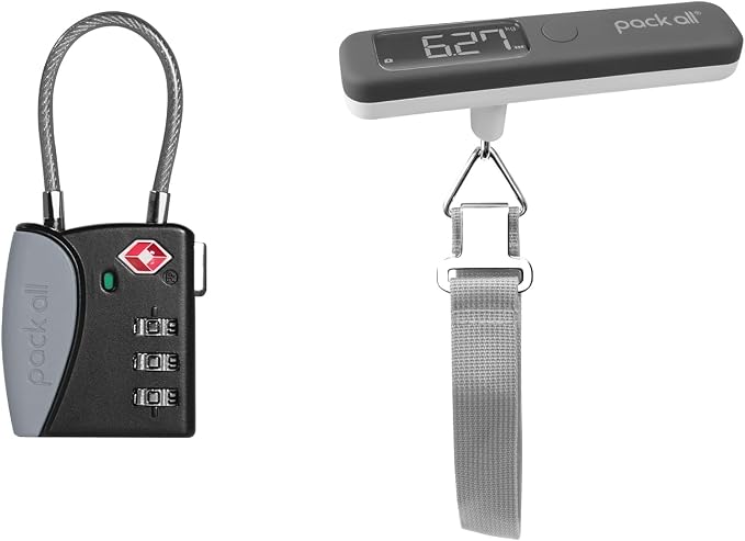 pack all Travel Accessories Bundle | 110 Lbs Luggage Scale (1 Pack Grey) & TSA Cable Lock (1 Pack Grey) by packall
